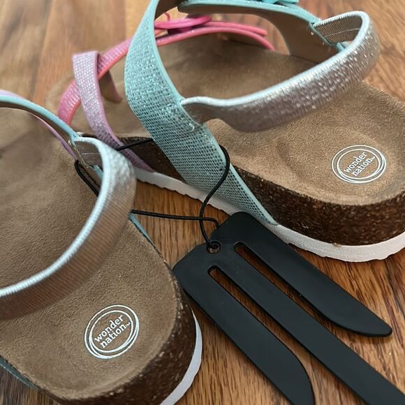 Girls Toddler Pink Blue Shimmer Sandal Toe Loop Cork Bed Various Sizes NWT - Picture 2 of 7